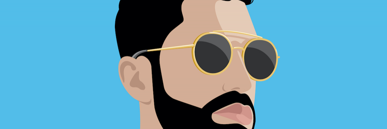 Illustration of man with dark hair wearing sunglasses on blue background