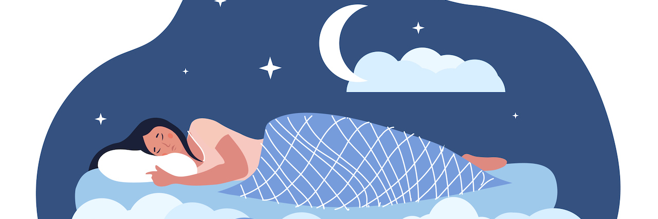 How Many Hours a Person With Epilepsy Should Sleep Illustration of person asleep in bed with stars and moon above them