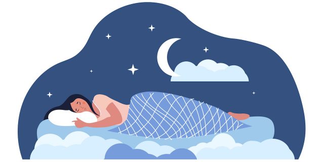 Illustration of person asleep in bed with stars and moon above them
