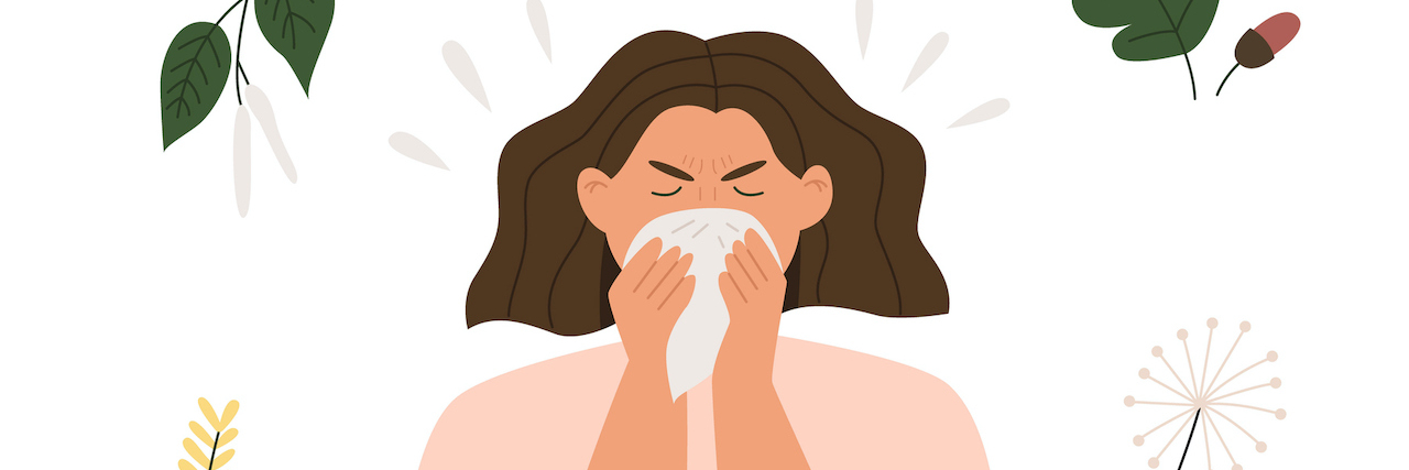 Can Allergies Cause Migraine? Illustration of woman sneezing with birch, dandelion, oak around her.