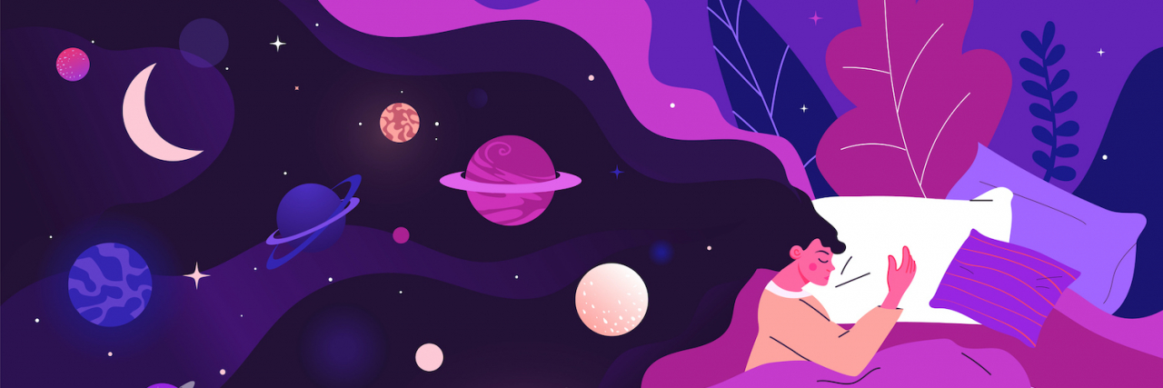 How Your Dreams Impact Depression Illustration of woman in bed with eyes closed, her hair full of planets and stars