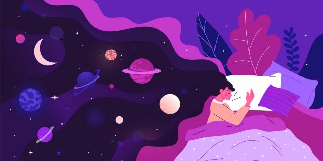 Illustration of woman in bed with eyes closed, her hair full of planets and stars