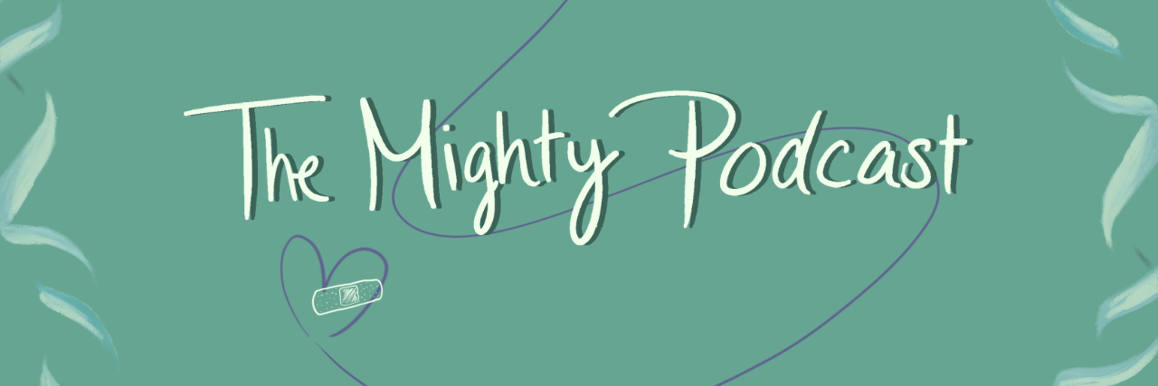 The Mighty Podcast: Should I Enroll in a Mental Health Clinical Trial? A banner for The Mighty Podcast with a green background, and a purple swoosh decoration that ends with a bandaid on a heart