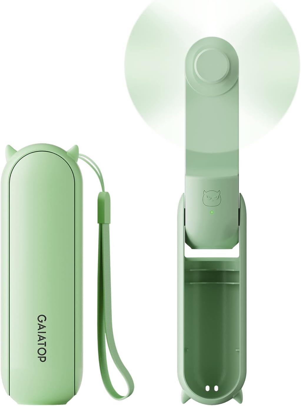 Small foldable handheld fan in seafoam green. It has a wrist strap and is made by Gaiatop.