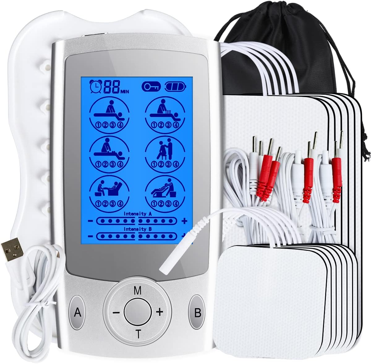 Pocket-sized white TENS unit with a black travel pouch. It comes with a USB charger, small and large reusable electrode pads, and an assortment of cables for the pads.
