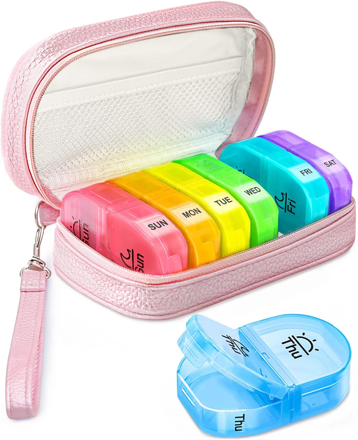 Pink fake leather pouch with a zipper and wrist strap. The pouch holds seven individual plastic pill containers — all different colors — that are labeled for each day of the week and divided into morning and night doses. The pouch also has an interior mesh pocket.