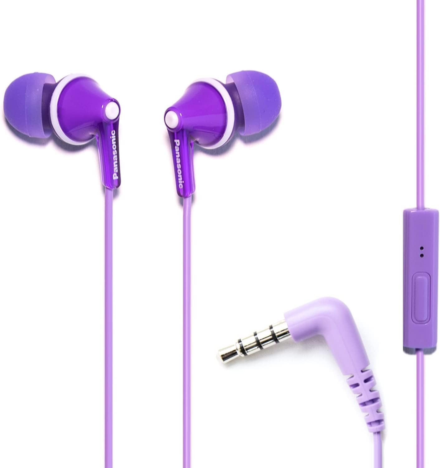 Violet wired earbuds made by Panasonic.
